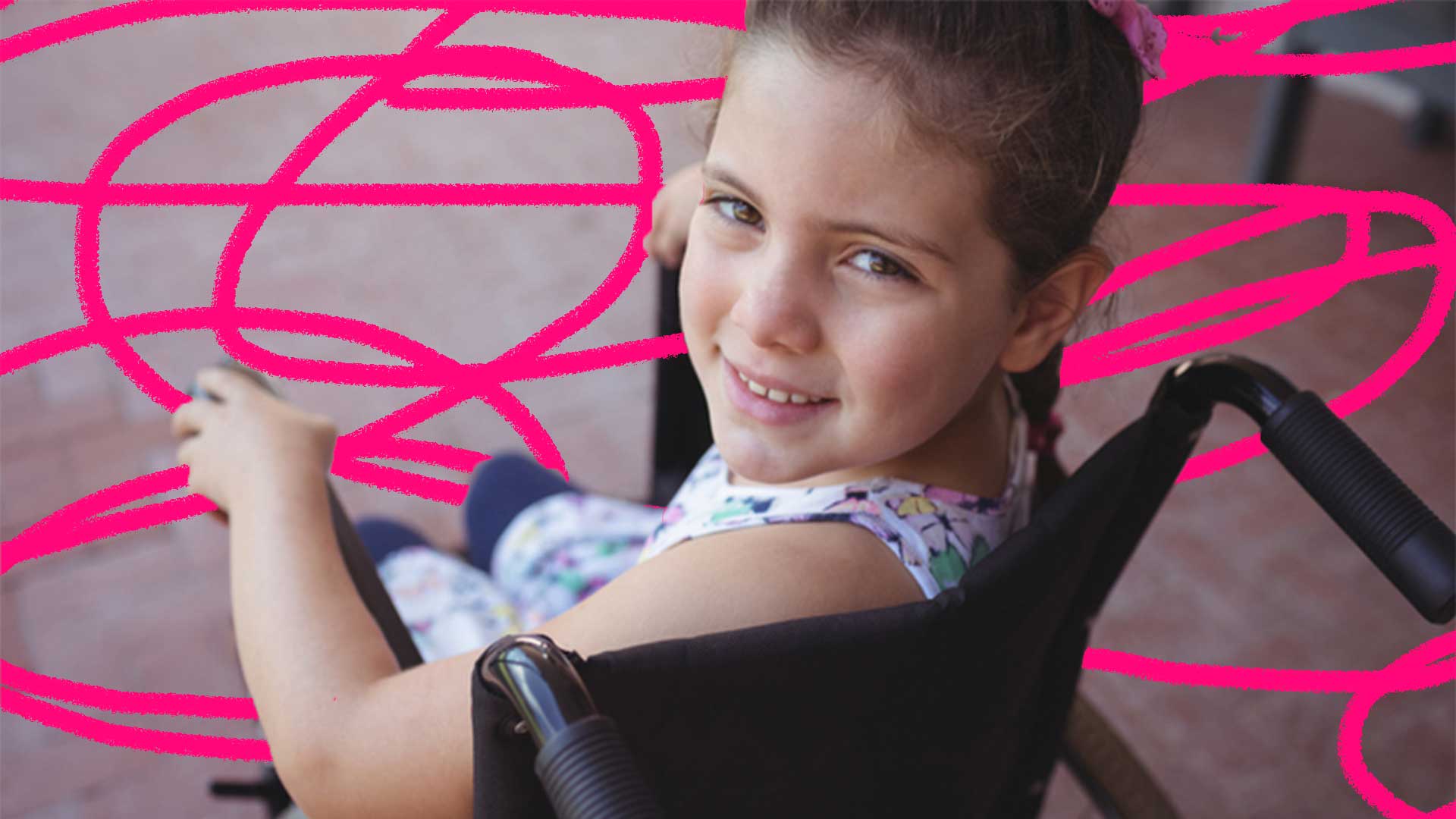 Educação inclusiva para crianças com deficiência. Foto de uma menina sentada em uma cadeira de rodas.