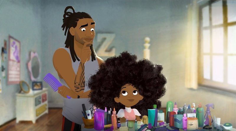 Cena do filme Hair Love, vencedor do Oscar 2020. Foto colorida mostra menina de cabelos pretos e crespos sentada em frente a produtos de beleza. O pai está atrás dela, pensativo e com um pente nas mãos, imaginando como penteá-la.