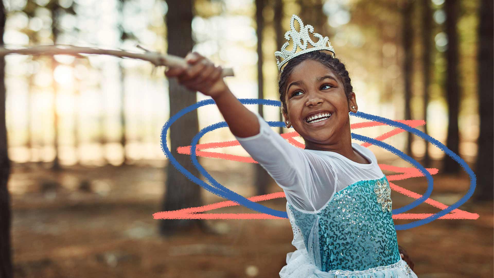Foto de uma menina negra sorrindo vestida de princesa com um galho em suas mãos