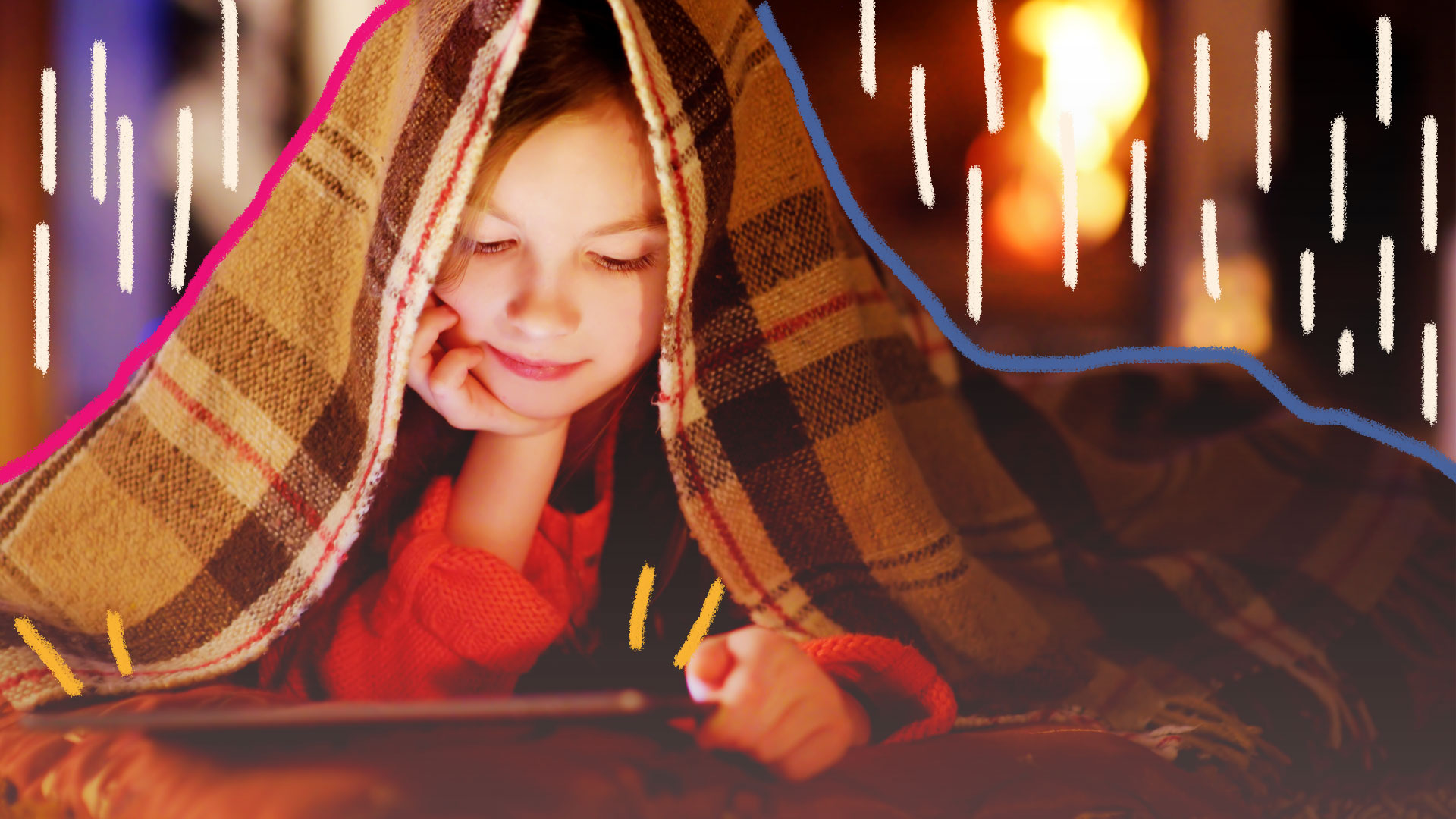 Imagem de uma menina com um cobertor na cabeça e seu rosto apoiado. Ela está lendo um livro
