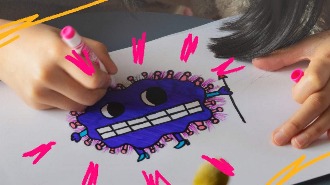 Imagem de uma criança desenhando o vírus do coronavírus