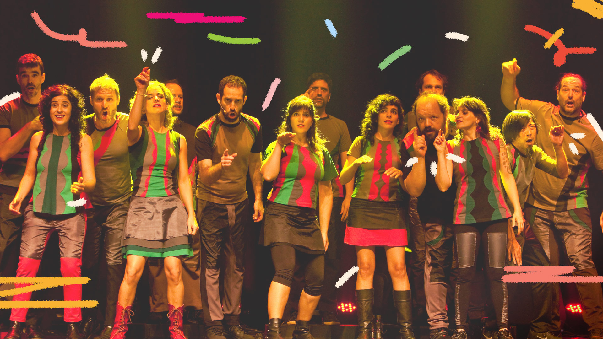 Foto de várias pessoas do grupo Barbatuques em cima de um palco de teatro