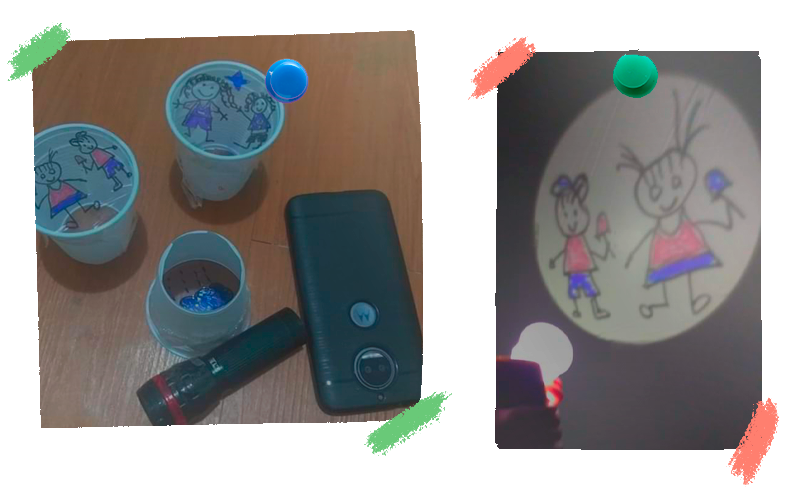 Duas fotos aparecem na imagem: na primeira, copos plásticos com desenhos ao redor, um celular e lanterna. Na segunda, a projeção do copo plástico iluminado na parede, com o desenho feito pela criança