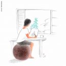 Ilustração de Lucia Hiratsuka onde se vê um menino sentado a uma escrivaninha desenhando uma árvore no papel que vêm através de sua janela