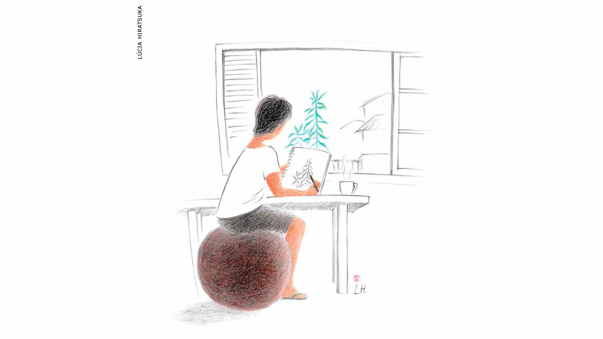 Ilustração de Lucia Hiratsuka onde se vê um menino sentado a uma escrivaninha desenhando uma árvore no papel que vêm através de sua janela