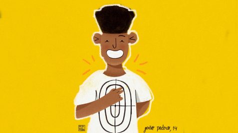 Ilustração do menino João Pedro, de 14 anos, vestindo uma camiseta branca com um alvo desenhado no peito. Ele foi morto à bala em São Gonçalo (RJ) em uma operação do Estado.