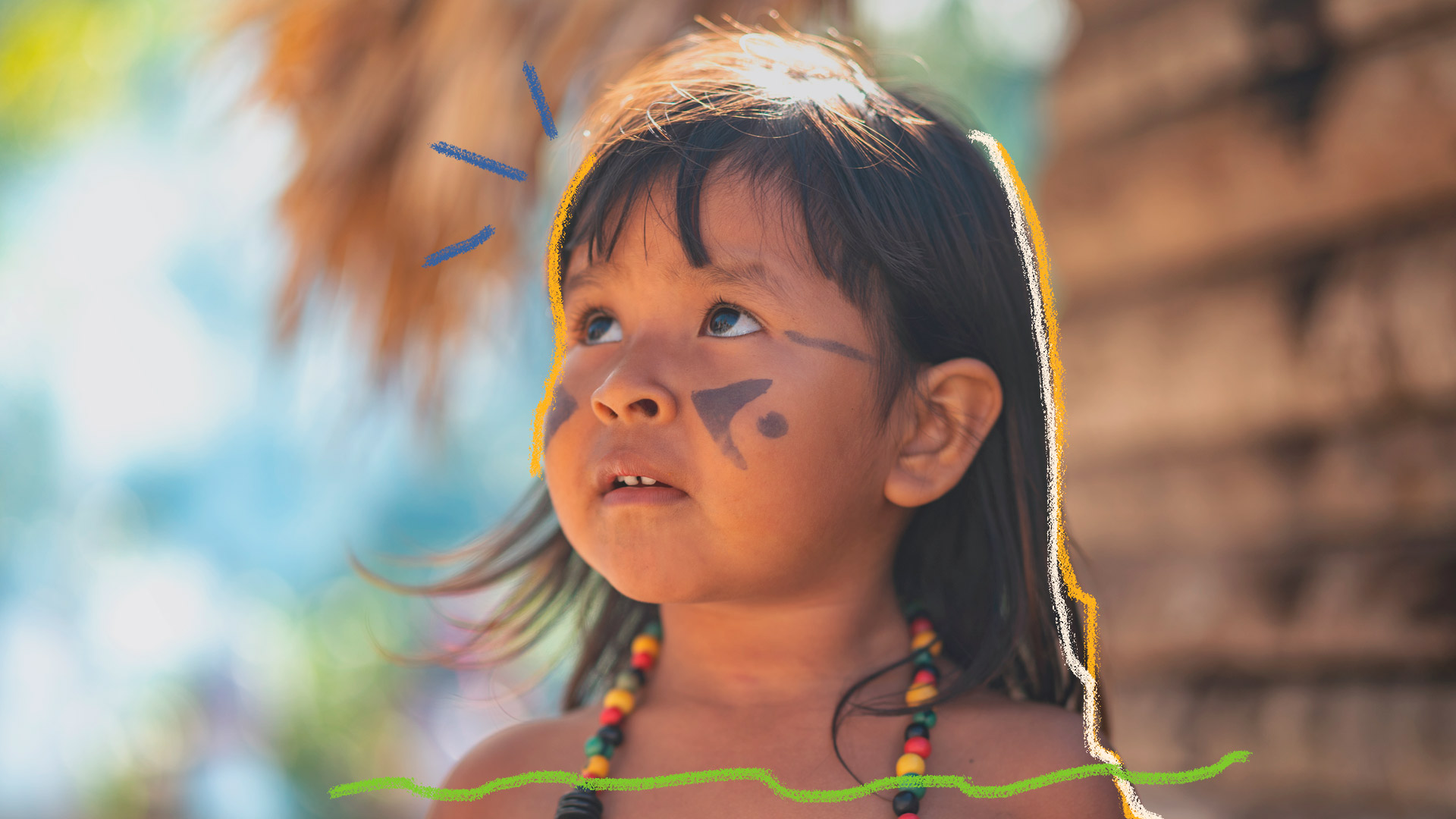 Imagem de uma menina indígena com o rosto pintado e um colar colorido, aparece em matéria sobre podcast da Unicef que foca em histórias amazônicas