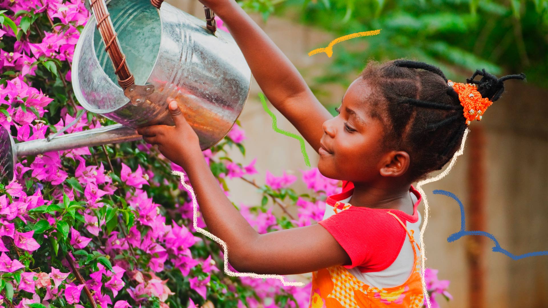Imagem de menina negra sorrindo enquanto rega as flores em um jardim. Texto sobre educação ambiental