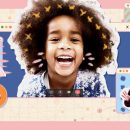 Imagem de uma menina negra com seu cabelo crespo sorrindo. Ao seu lado três crianças cada uma com seu aparelho eletrônico. Um olhar para infâncias conectadas