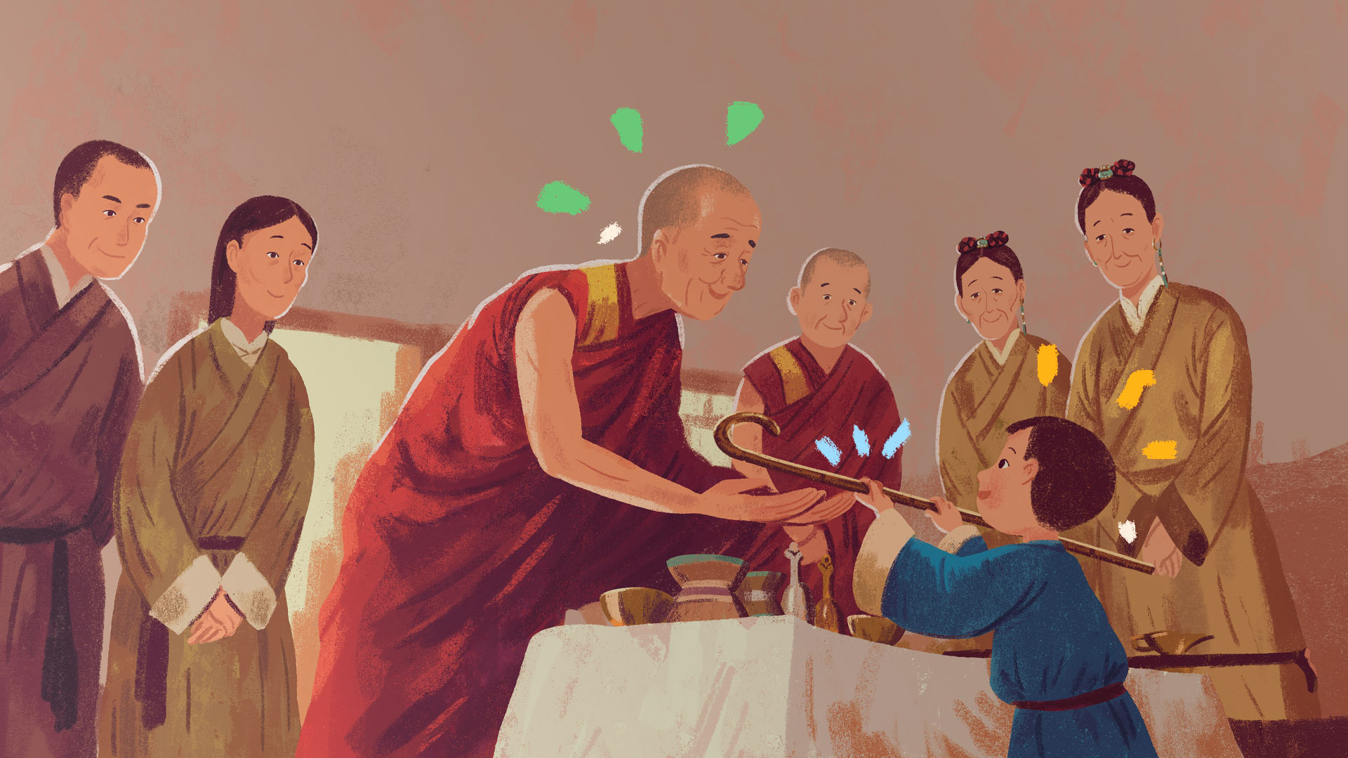 Ilustração do livro do Dalai Lama, "A semente da compaixão", em que Dalai Lama reconhece os pertences do líder budista que o antecedeu