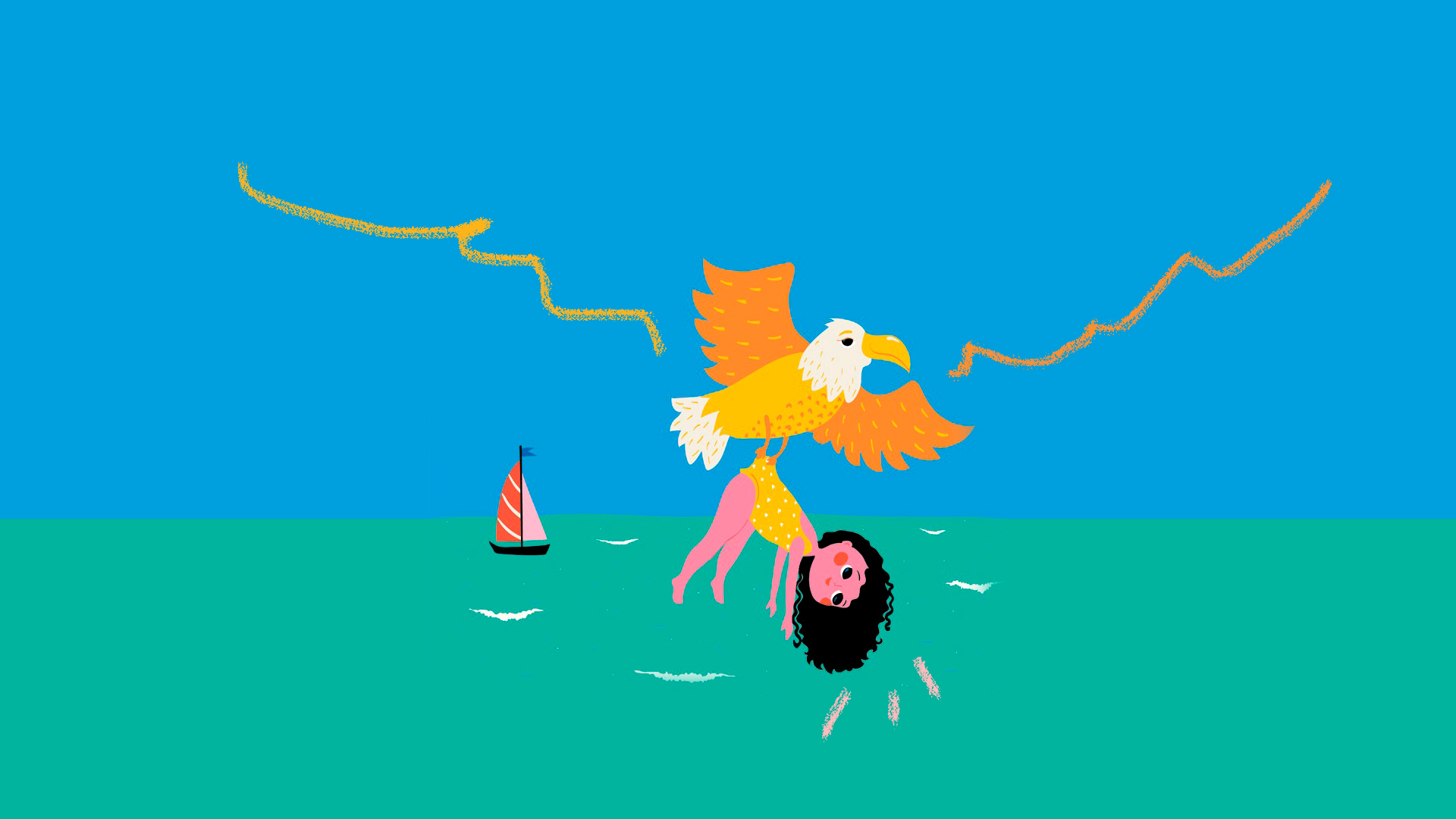 Ilustração do livro A minha mãe vira bicho, de Ana Castro, lançado pela editora Matrescência. Uma menina morena é resgatada por uma águia na praia. Ao fundo, há um barquinho.