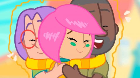 Um recorte da animação "O amor da adoção", parceria do Mundo Bita com Milton Nascimento, Flora, uma menina de cabelo rosa, é adotada pela sua nova família: a mãe de cabelo roxo e o pai negro. Os três se abraçam nesta imagem.