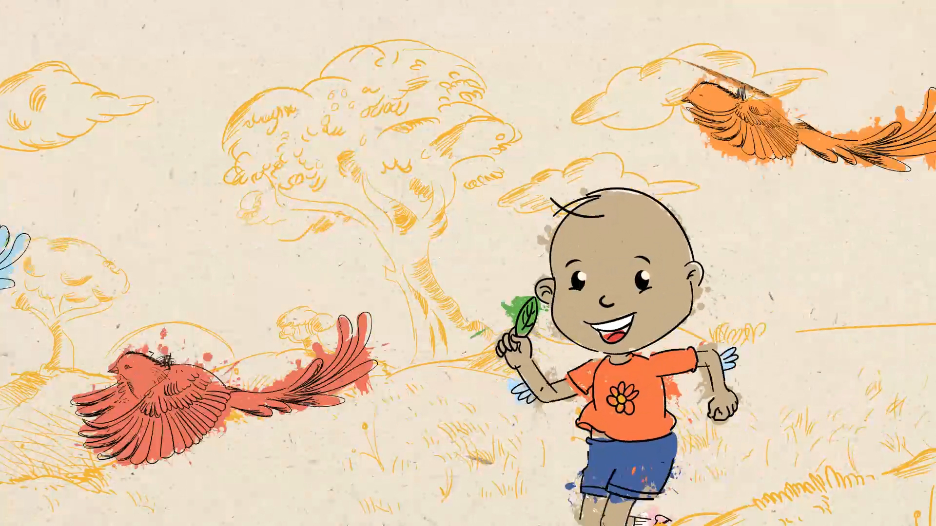 Um pedido por liberdade e por um futuro possível: Ilustração de uma criança correndo em um campo e rodeada por pássaros coloridos
