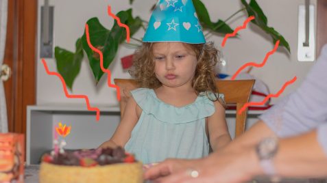 Imagem de uma menina com um bico, ela está comemorando o seu aniversário com bolo e chapeuzinho. Texto sobre meme e infância