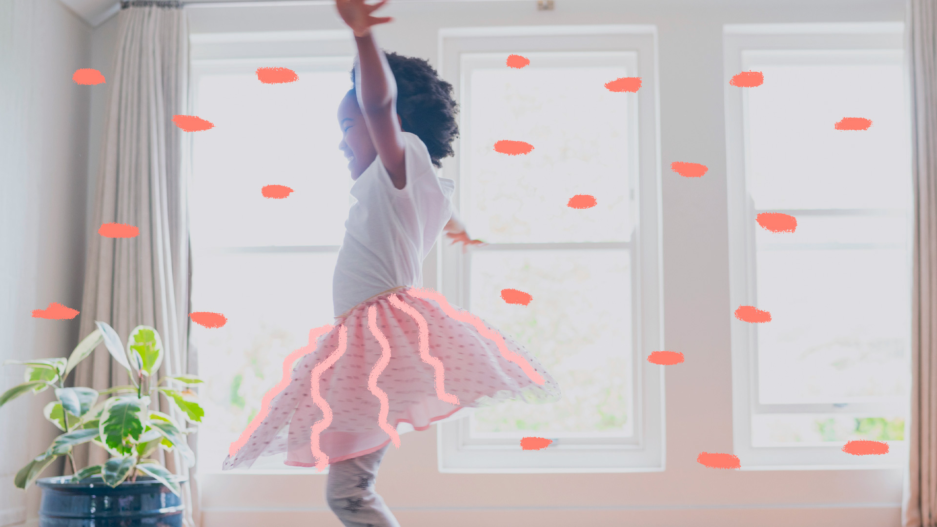 Programação do mês das crianças nas Fábricas de Cultura: uma menina negra, com tutu de balé, dança sozinha na sala