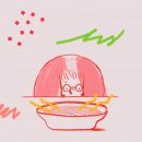 O personagem principal do livro "Um pelo na sopa" está sentado em frente a um prato de sopa de legumes. A ilustração é toda em tons de rosa e há algumas intervenções ao redor coloridas.