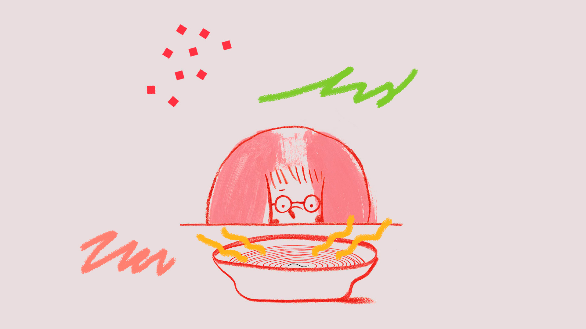 O personagem principal do livro Um pelo na sopa está sentado em frente a um prato de sopa de legumes. A ilustração é toda em tons de rosa e há algumas intervenções ao redor coloridas.