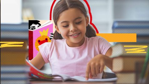 Na imagem, uma menina branca lê um livro e sorri. A imagem possui intervenções de rabiscos coloridos.
