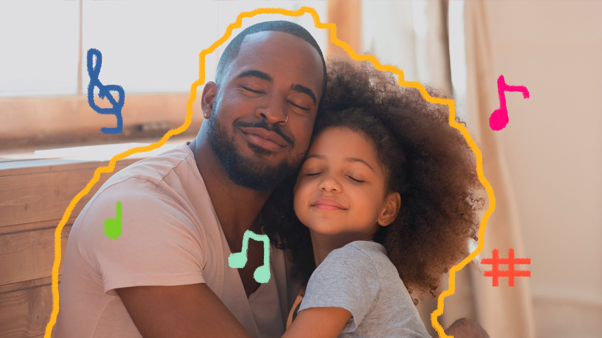 Música e sentimentos: foto de uma menina negra, de cabelos soltos, que está abraçada ao pai, um homem negro, e há ilustrações de notas musicais em torno deles.