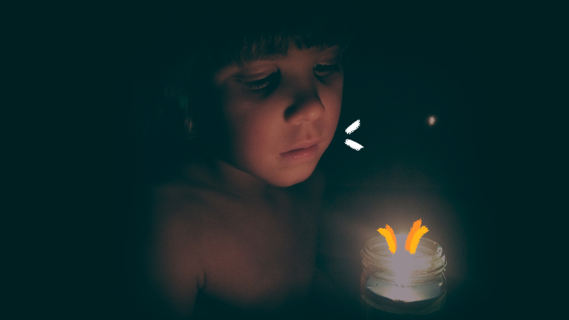 Imagem de uma criança num ambiente escuro é iluminada apenas pela luz de uma vela. Texto sobre o apagão no Amapá