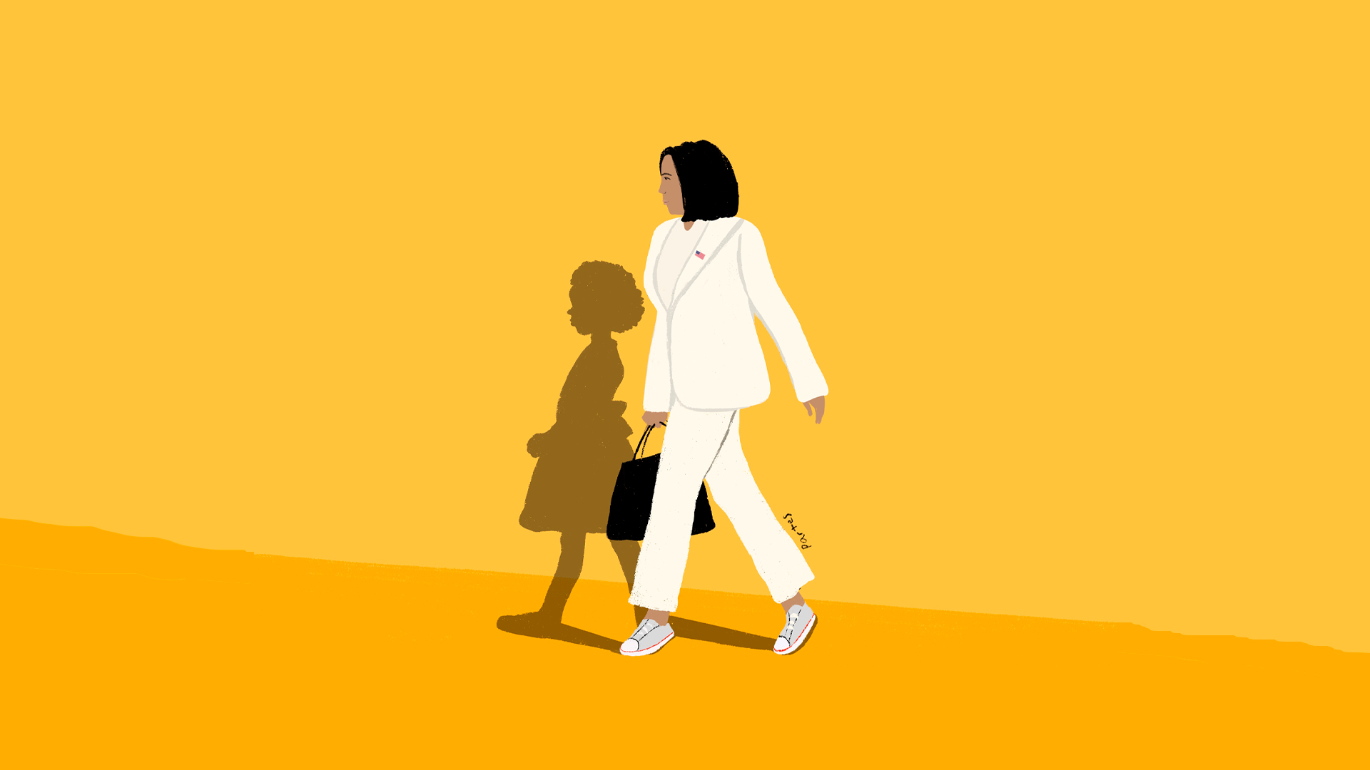 Ilustração de Kamala Harris: em um fundo amarelo, Kamala está vestindo terno e calça branca, assim como tênis branco, e segurando uma bolsa preta. Sua sombra é projetada ao fundo, mas no formato de uma silhueta de uma menina de vestido e cabelos crespos.