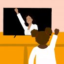 Ilustração de Kamala Harris que aparece na tela de uma televisão enquanto uma menina negra imita seu gesto de punho cerrado