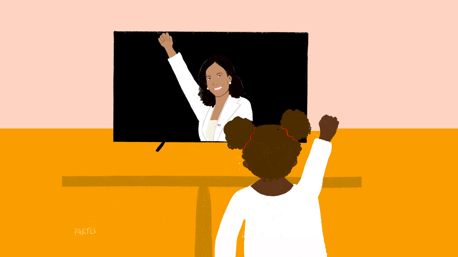 Ilustração de Kamala Harris que aparece na tela de uma televisão enquanto uma menina negra imita seu gesto de punho cerrado