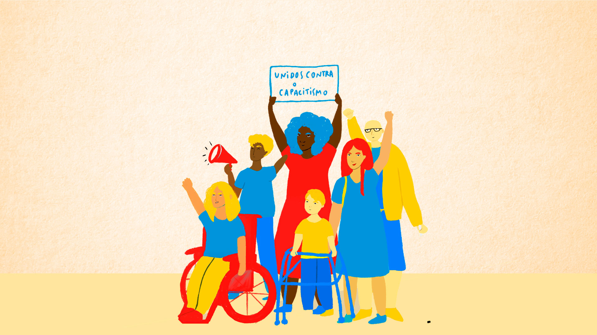 Uma ilustração sobre educação inclusiva traz pessoas com e sem deficiência em protesto