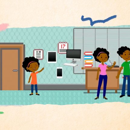 Cena do vídeo em que a personagem Vevê dá dicas sobre uma relação saudável entre telas e infância. A menina está acompanhada dos pais e os três acenam