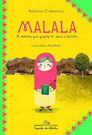 Capa do livro "Malala, a menina que queria ir para a escola". Num cenário em tons de amarelo, a ilustração da menina Malala com seu lenço vermelho e um livro na mão
