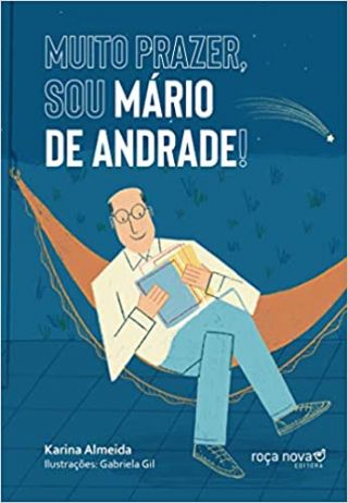 Capa do livro "Muito prazer, sou Mário de Andrade!", com a ilustração do escritor sentado na rede lendo livros
