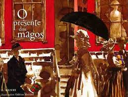 Capa do livro “O presente dos magos”, de O. HenryL em tons de vermelho, preto e marrom há uma cena urbana - uma mulher com uma sombrinha passa em frente a uma vitrine e tem um homem sentado em um banco em frente à loja