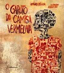 Capa do livro "O garoto da camisa vermelha". A ilustração de uma criança negra está reproduzida num muro e em seu corpo estão inscritas casas da favela