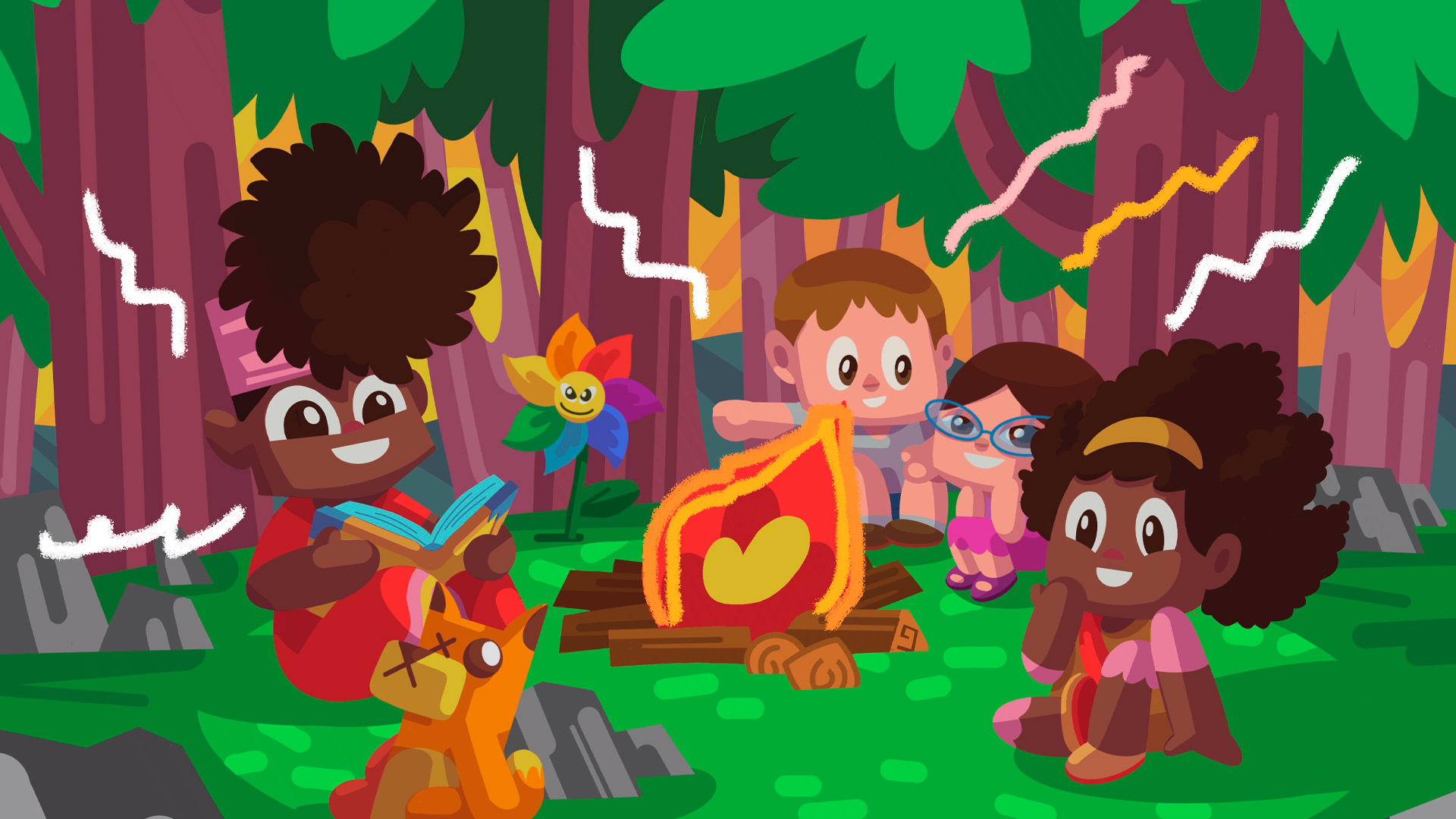 Ilustração com as crianças personagens do podcast Pirimbim escutam a uma história à volta de uma fogueira