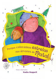 Capa do livro “Porque colocamos estrelas nas árvores de Natal”, de Nadia Heppell: um menino com seu cachorro aparecem com as cabeças encostadas e o título vem em uma faixa amarela sobre a dupla