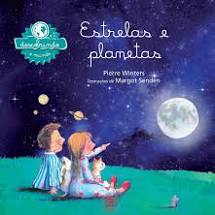 Capa do livro "Estrelas e planetas": duas crianças estão sentadas na grama e apontam para a Lua no céu