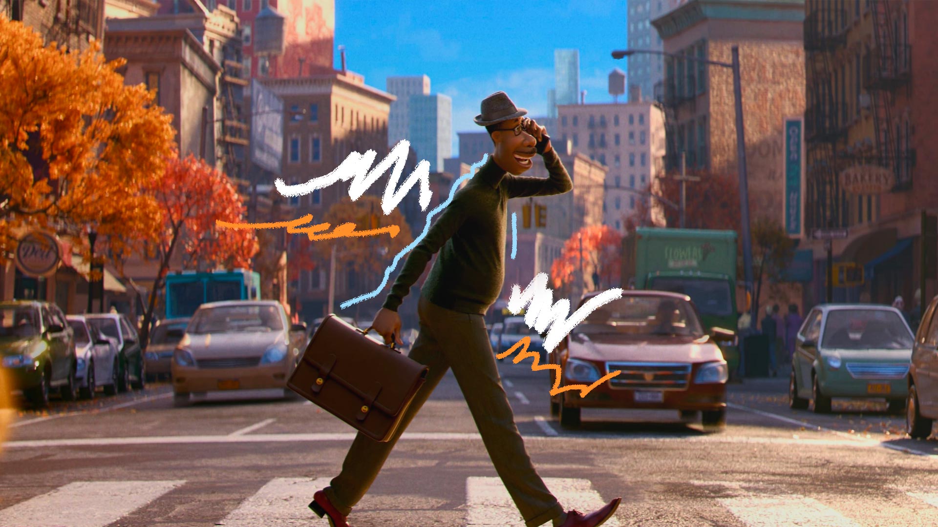 Imagem do filme "Soul" em que o personagem Joe está atravessando a rua