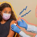 Uma enfermeira aplica uma vacina no braço de uma menina. Ambas usam máscaras. A matéria é sobre vacina contra Covid-19 em crianças
