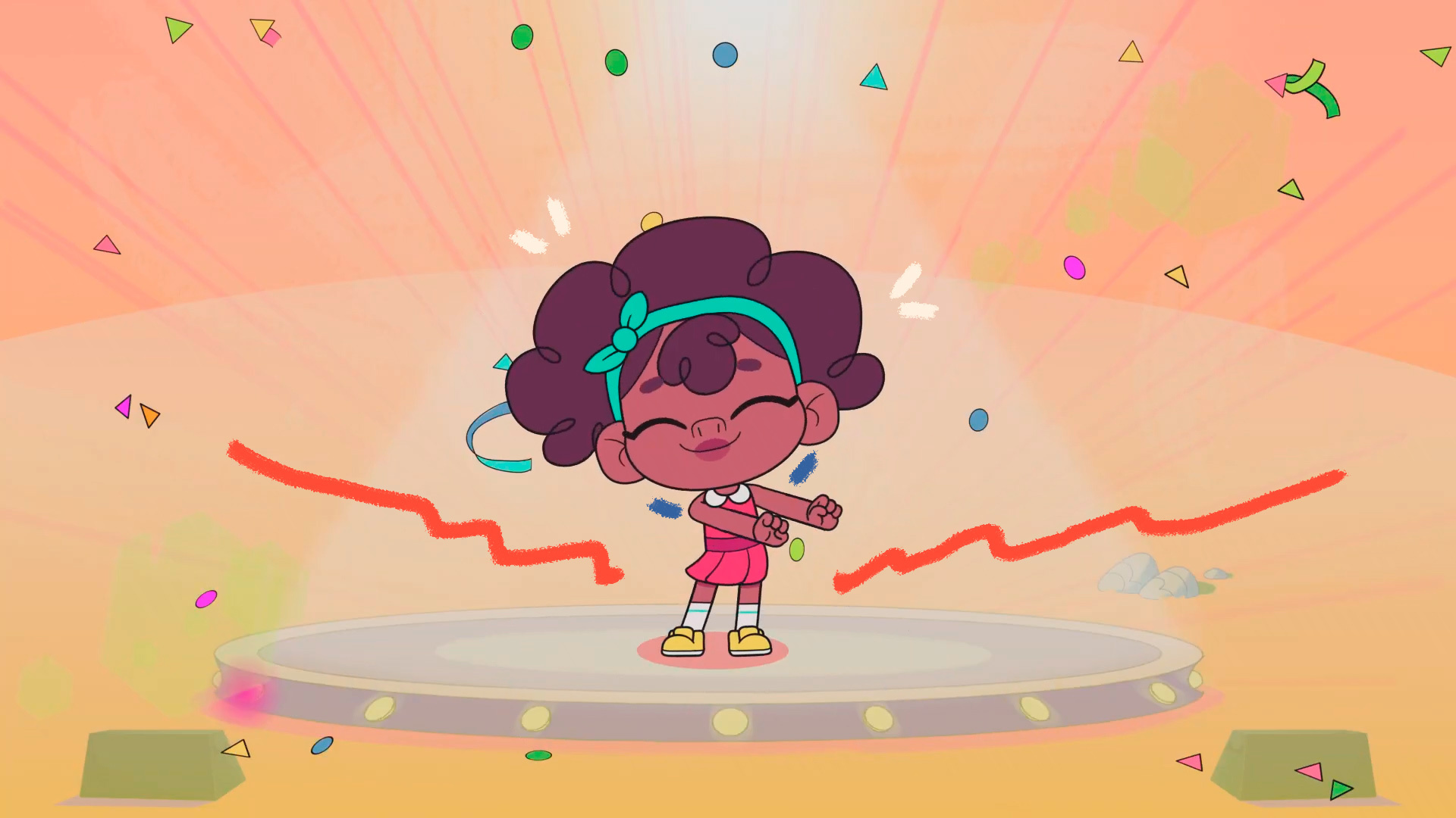 Ilustração da personagem Tina, da animação "A Turma do Berço". Ela está em cima de um palco, com intervenções de arte coloridas à sua volta