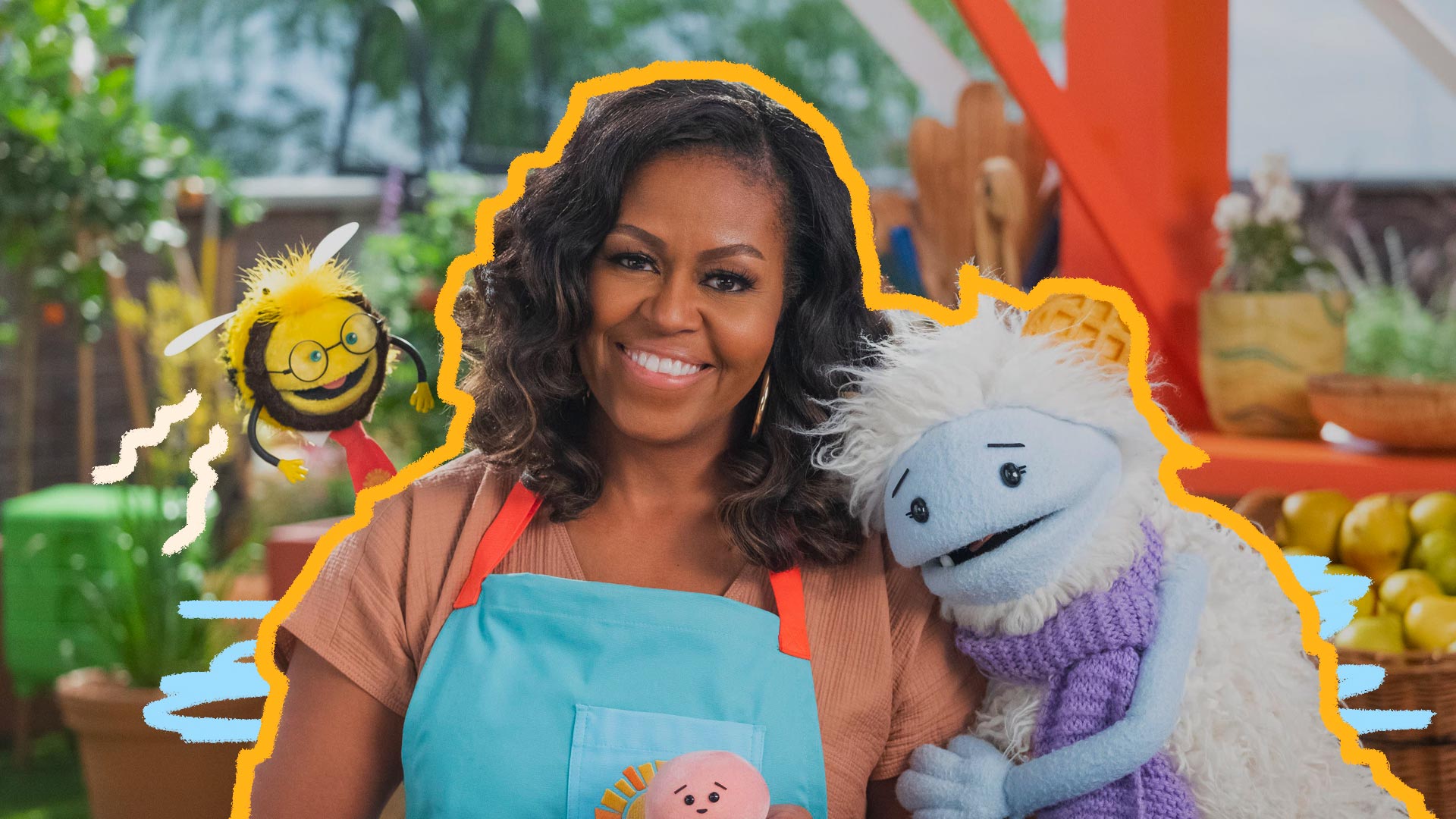 Foto de divulgação da série 'Waffle + Mochi", com Michelle Obama