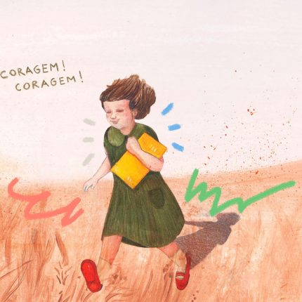 Ilustração da personagem Clara, do livro Clara e o homem na janela correndo por um campo e segurando um livro de capa amarela