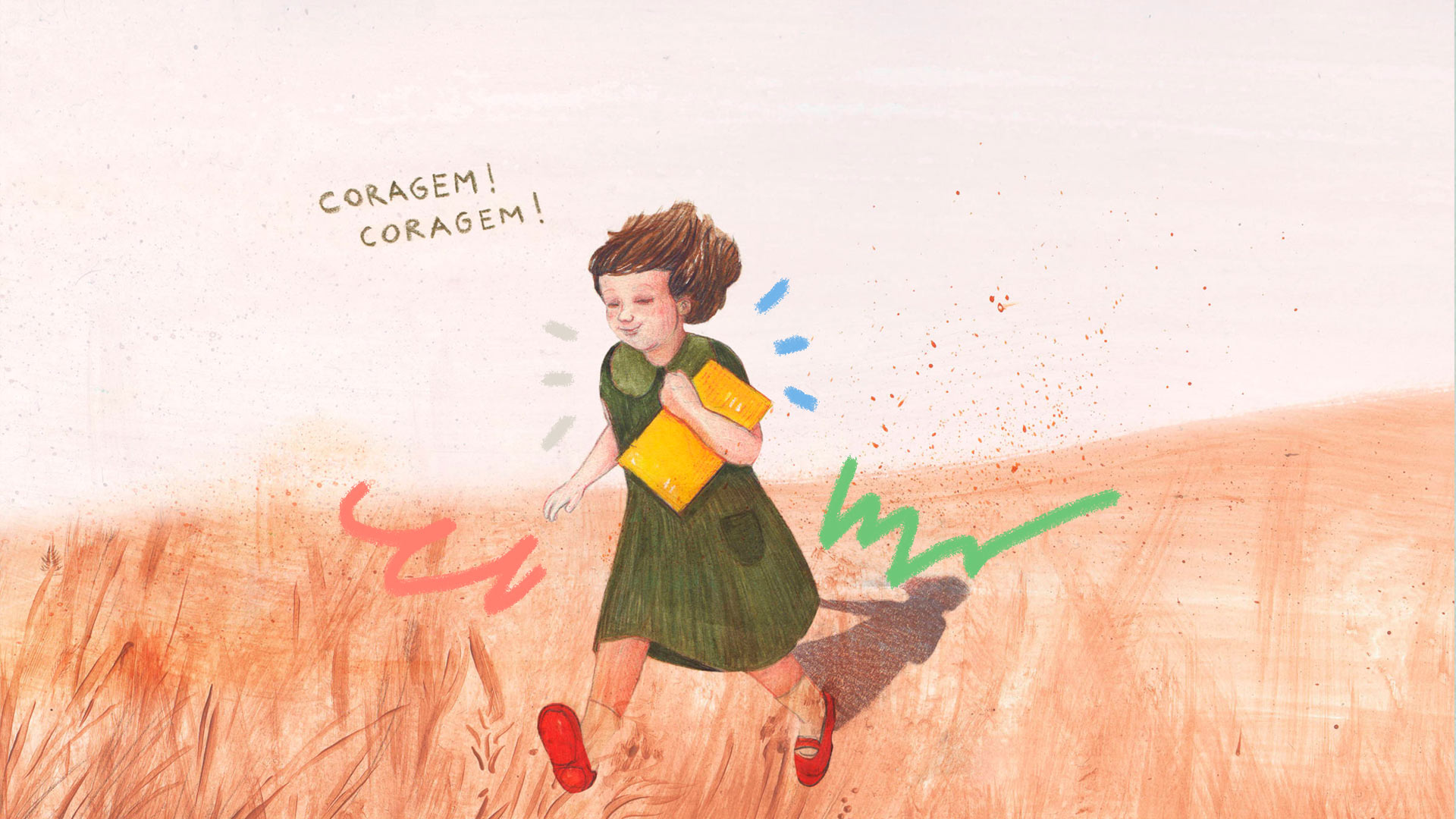 Ilustração da personagem Clara, do livro "Clara e o homem na janela" correndo por um campo e segurando um livro de capa amarela