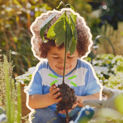 Foto de uma criança plantando uma muda junto de outras plantas. Há um adulto ao seu lado de quem só conseguimos ver o braço e um pouco do rosto