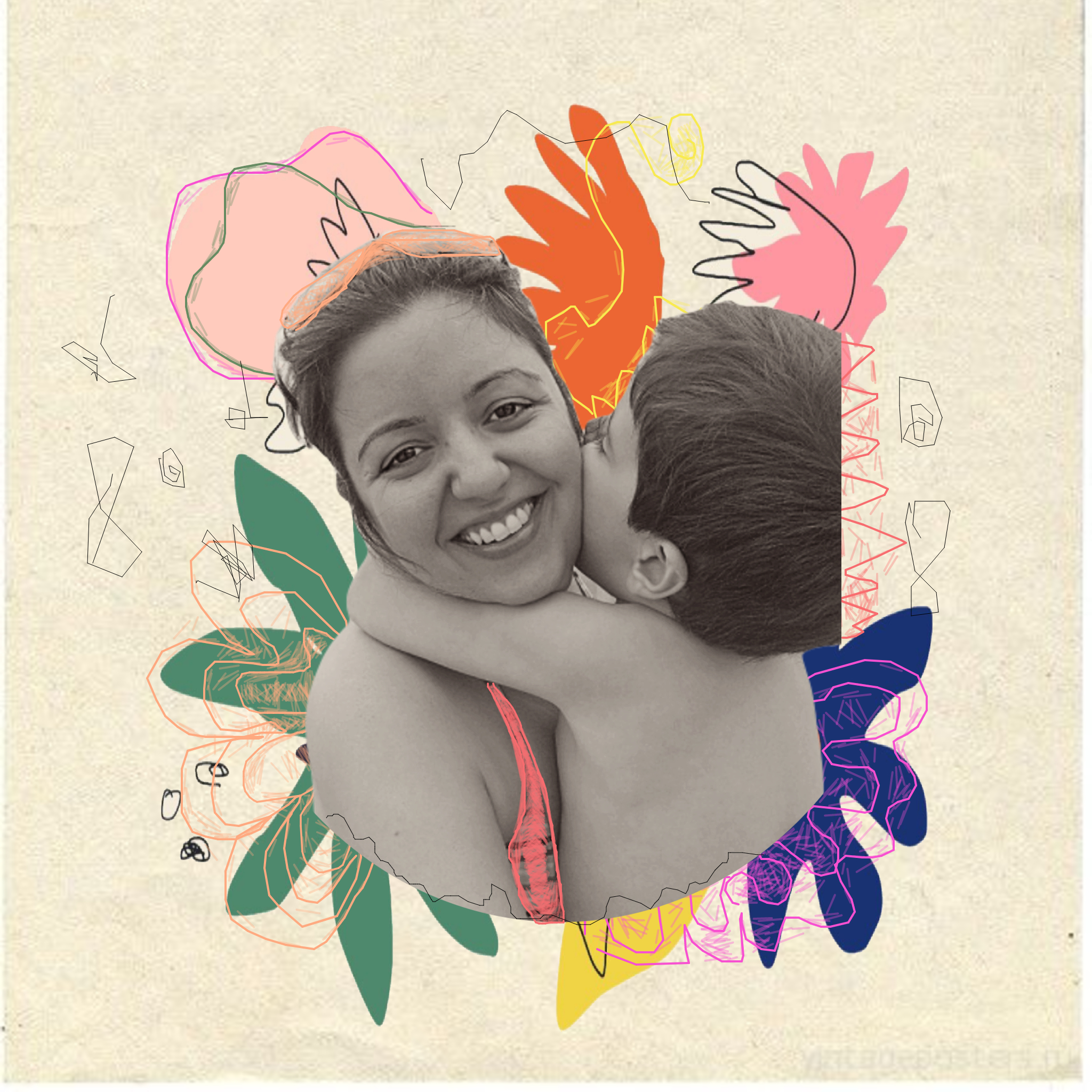 Dia das Mães Lunetas: foto em preto e branco de uma mãe recebendo o beijo de seu filho. Ao redor, colagem em rosa, verde e azul