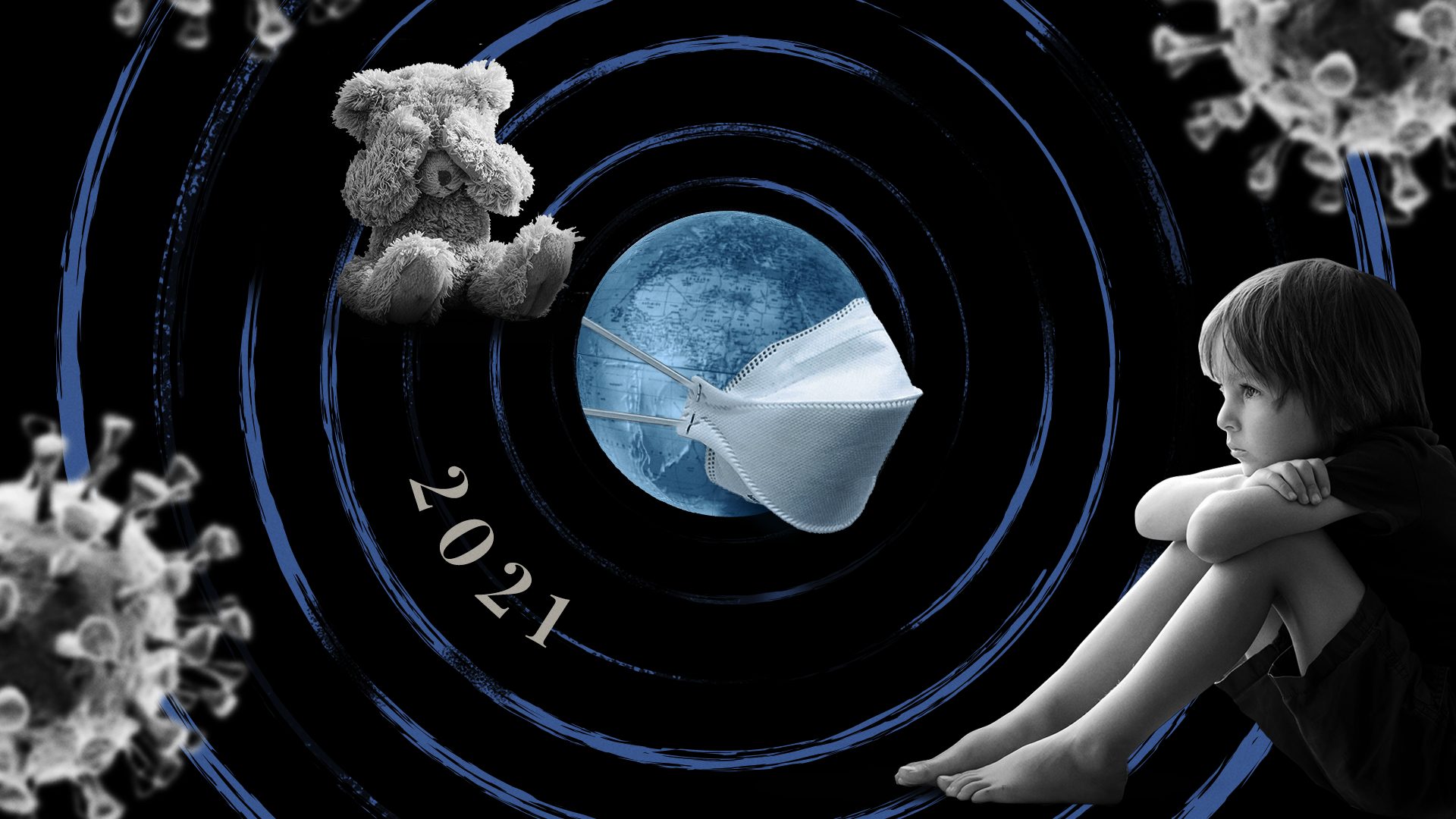 Um ano de pandemia: ilustração de um planeta com uma máscara cirúrgica e o ano de 2021