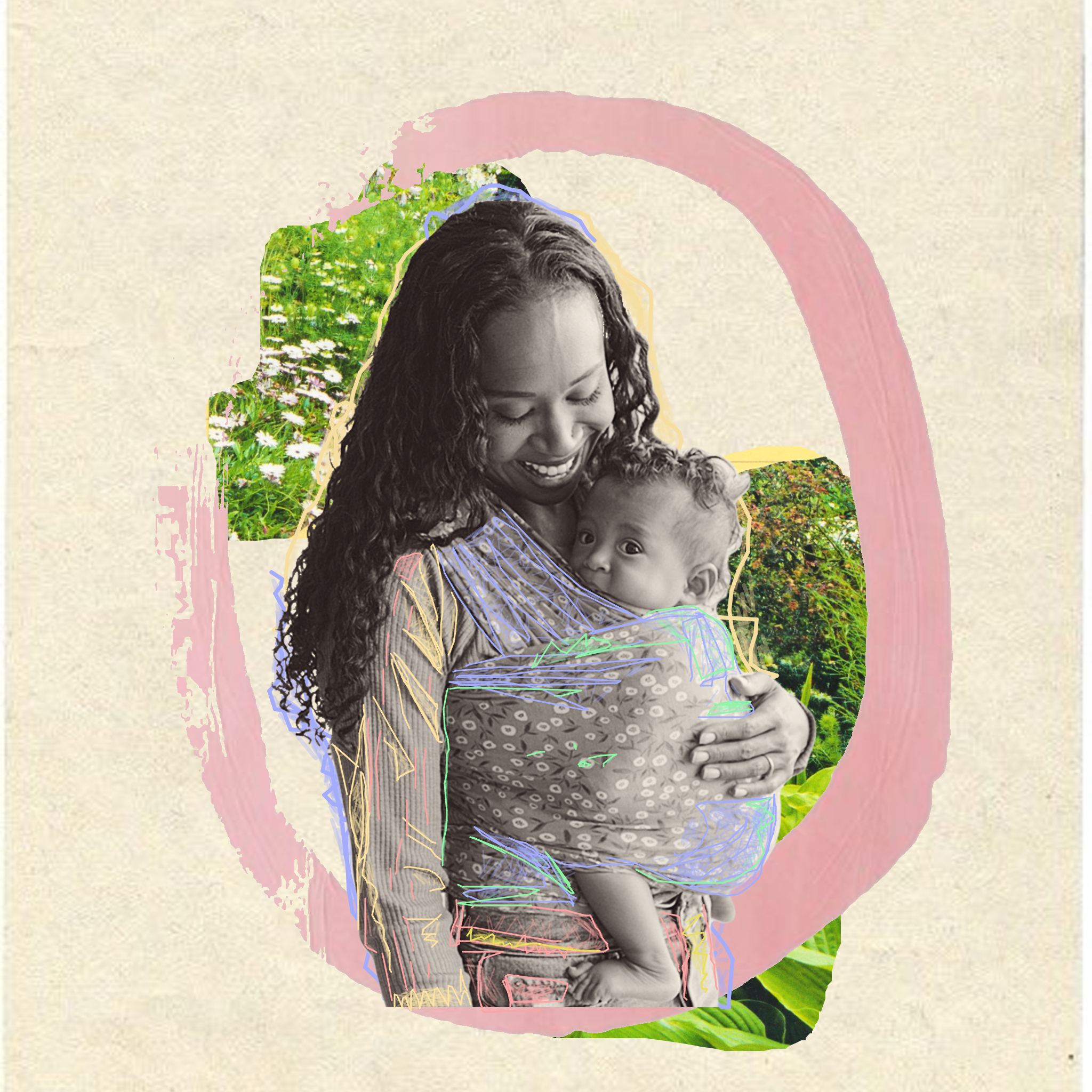 Dia das Mães Lunetas: foto em preto e branco de uma mãe, com cabelos longos e negros, segurando seu bebê no colo. Ao redor, uma colagem com tons de rosa e verde