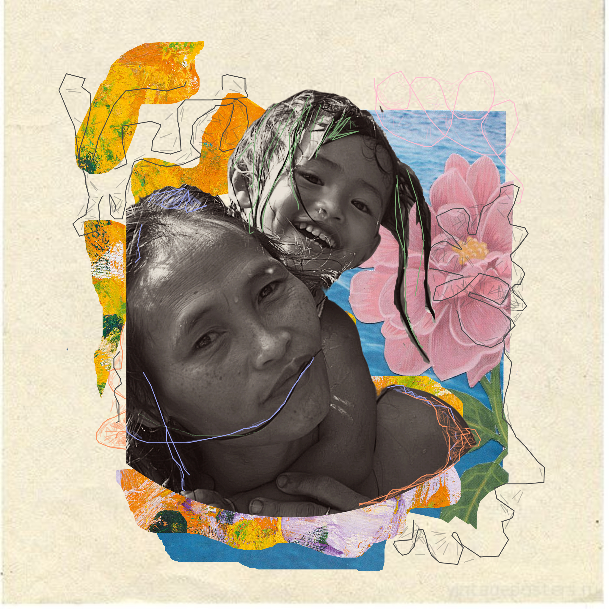 Dia das Mães Lunetas: foto em preto e branco de uma mãe indígena com sua filha nas costas. Ao redor, colagem em tons de rosa,azul e laranja