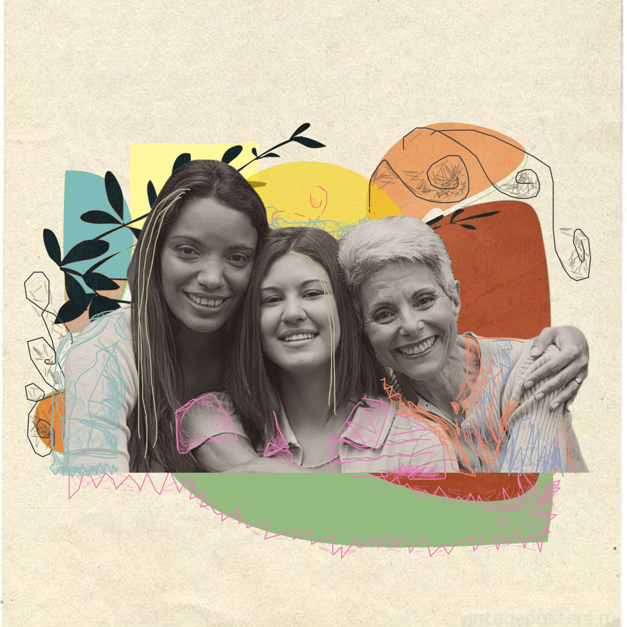 Dia das Mães Lunetas: foto em preto e branco de três gerações: mãe, filha e avó. Ao redor, colagens em tons de vermelho, verde e azul