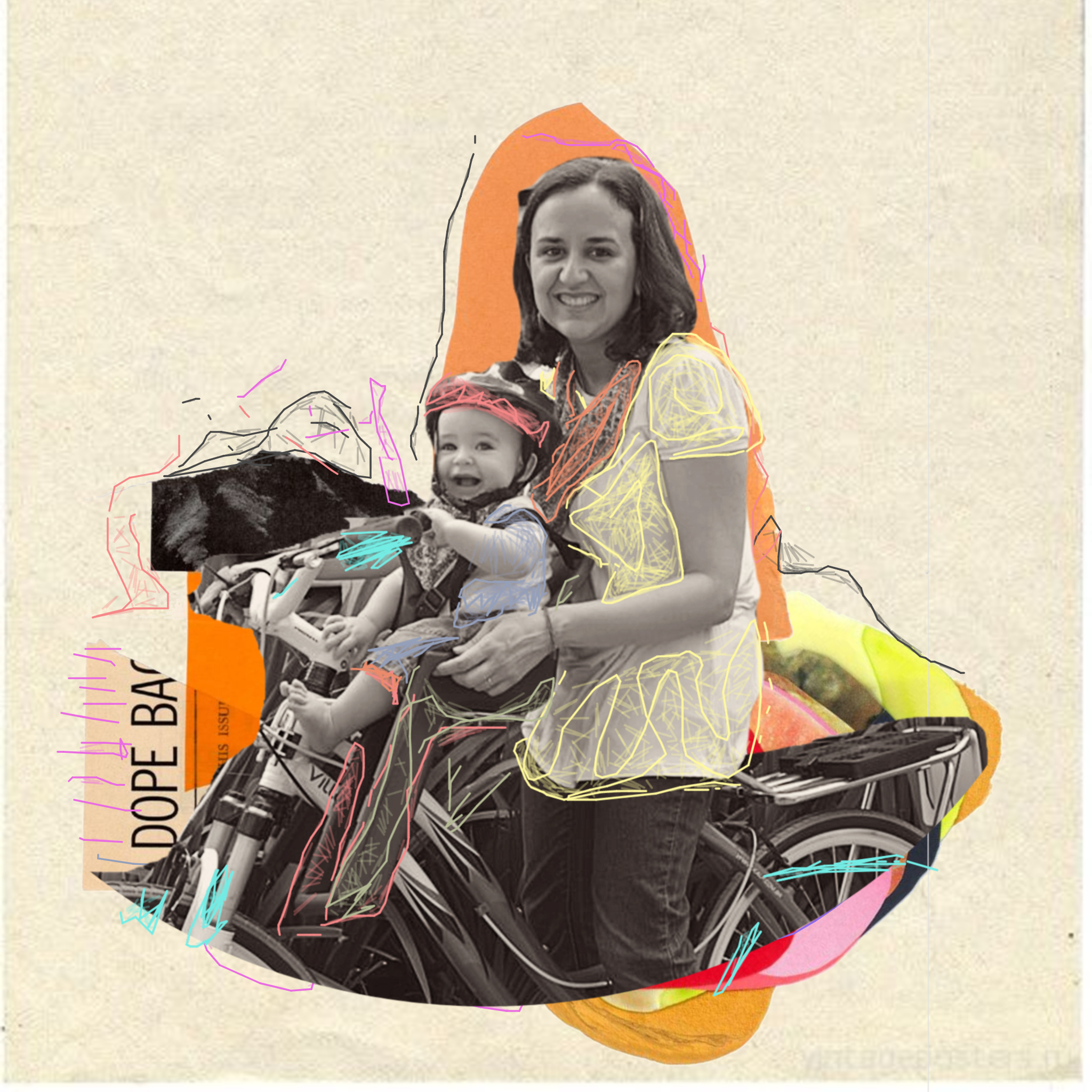 Dia das Mães Lunetas: foto em preto e branco de uma mãe em uma bicicleta, com o seu filho na cadeirinha. Ao redor, colagem com tons de amarelo, laranja e salmão