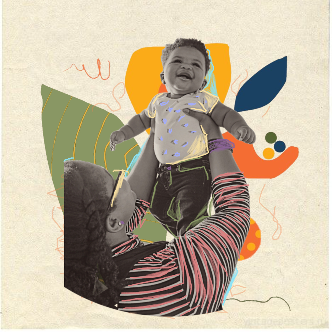 Dia das Mães Lunetas: foto em preto e branco de uma mãe levantando o seu filho nos braços. Ao redor, colagem em tons de azul, verde, laranja